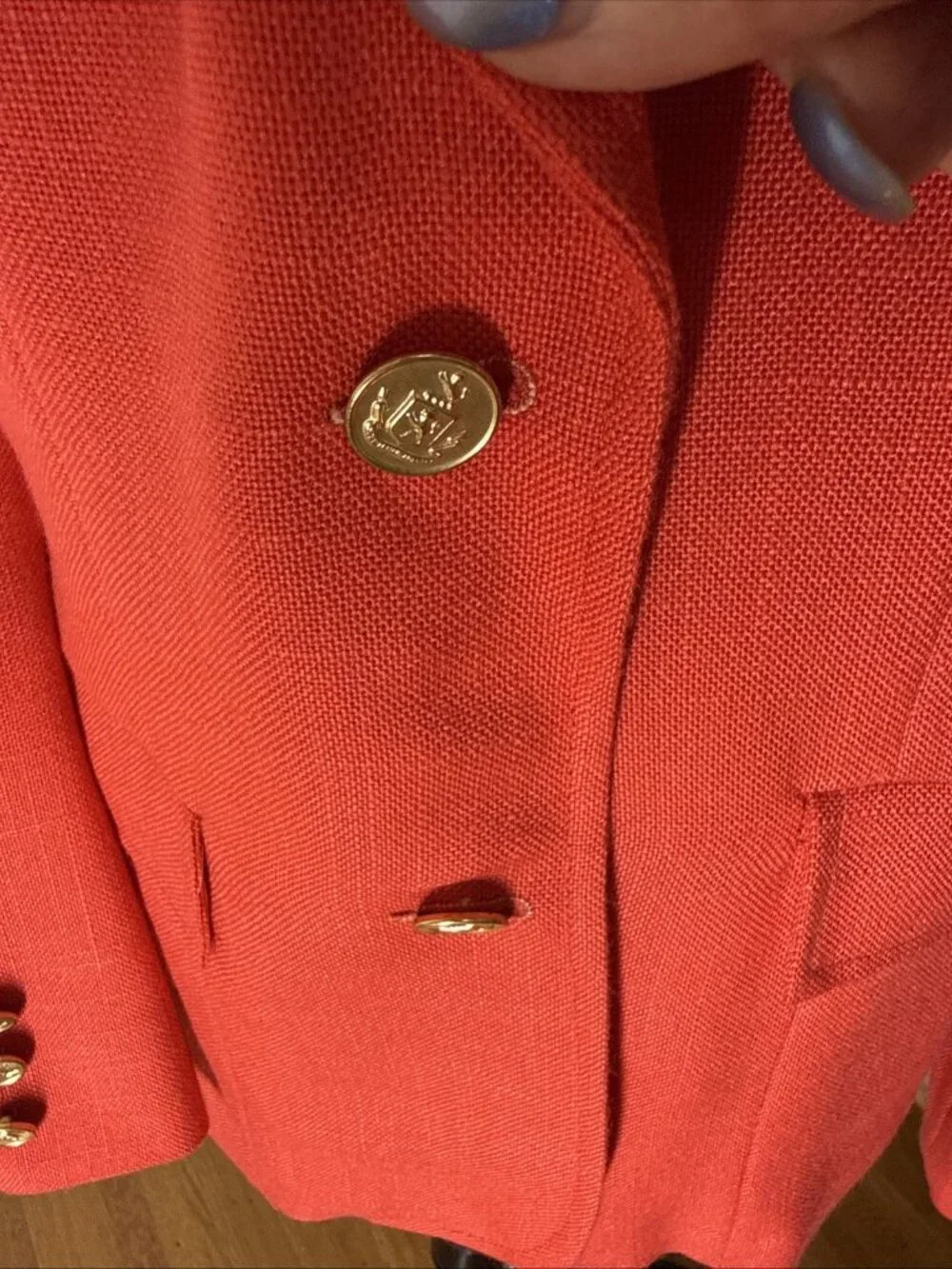 Vtg Red Gold Button Linen look Blazer Medium Coatree Preppy Coastal Super Nice